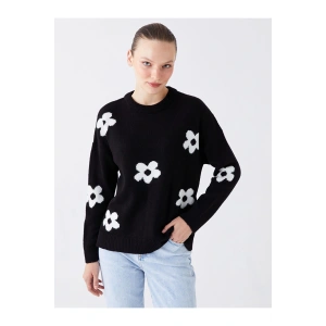 Bisiklet Yaka Çiçekli Uzun Kollu Oversize Kadın Triko Kazak