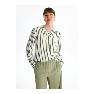 Kaçık Yaka Çizgili Uzun Kollu Kadın Bluz