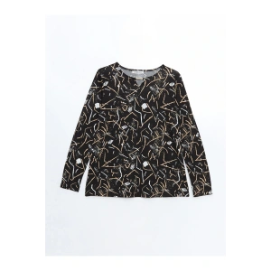 LCW Grace Siyah Bisiklet Yaka Desenli Uzun Kollu Kadın Bluz