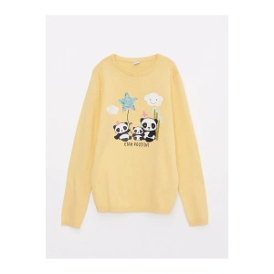 LCW Kids Sarı Bisiklet Yaka Baskılı Çift Yönlü Payetli Uzun Kollu Kız Çocuk Triko Kazak