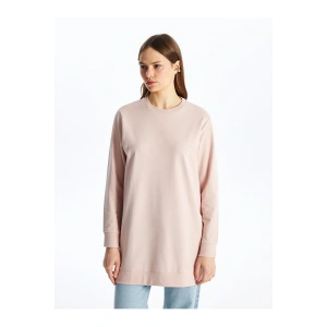 Pembe Bisiklet Yaka Düz Uzun Kollu Kadın Sweatshirt Tunik