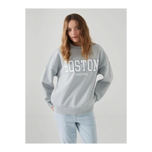 LCW Vision Gri Boston Baskılı Oversize Kadın Kalın Sweatshirt