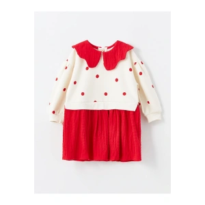 Lcw Baby Ekru Baskılı Bebe Yaka Uzun Kollu Puantiyeli Kız Bebek Elbise