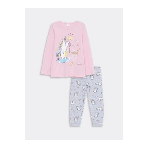 LCW Kids Pembe Bisiklet Yaka Baskılı Uzun Kollu Kız Çocuk Pijama Takımı