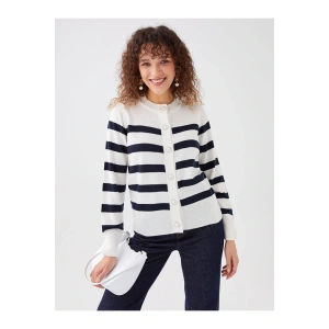 Bisiklet Yaka Çizgili Uzun Kollu Kadın Triko Hırka