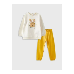 LCW baby Ekru Bisiklet Yaka Uzun Kollu Baskılı Kız Bebek Sweatshirt ve Pantolon 2li Takım