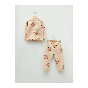 LCW baby Ekru Dik Yaka Desenli Pelüş Kız Bebek Fermuarlı Sweatshirt ve Pantolon 2li Takım