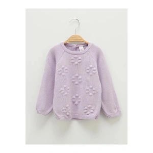 LCW ECO Lila Bisiklet Yaka Uzun Kol Kendinden Desenli Kız Bebek Triko Kazak