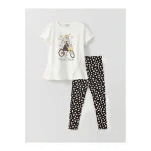 Lcw Kids Bisiklet Yaka Baskılı Kısa Kollu Kız Çocuk Tişört Ve Tayt