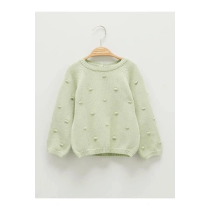 LCW baby Yeşil Bisiklet Yaka Uzun Kol Kendinden Desenli Kız Bebek Triko Kazak