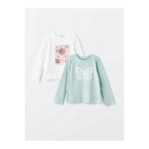 LCW Kids Ekru Bisiklet Yaka Baskılı Uzun Kollu Kız Çocuk Tişört 2li