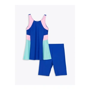 U Yaka Renk Bloklu Kız Çocuk Etekli Mayo Ve Şort