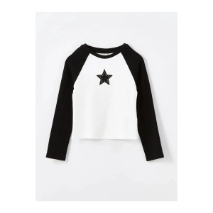 LCW Kids Yeni Siyah Bisiklet Yaka Nakışlı Uzun Kollu Kız Çocuk Crop Tişört