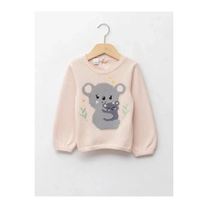 LCW baby Pembe Bisiklet Yaka Uzun Kollu Desenli Kız Bebek Triko Kazak