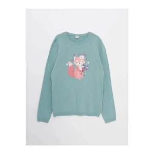 LCW Kids Yeşil Bisiklet Yaka Baskılı Uzun Kollu Kız Çocuk Triko Kazak