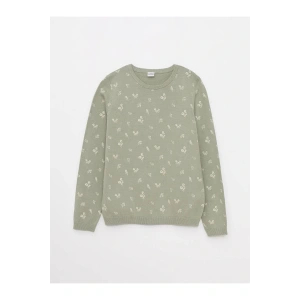 LCW Kids Yeşil Bisiklet Yaka Desenli Uzun Kollu Kız Çocuk Triko Kazak