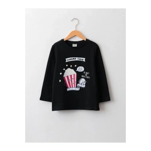 LCW ECO Siyah Bisiklet Yaka Baskılı Uzun Kollu Kız Çocuk Tişört