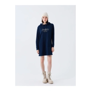 Kapüşonlu Baskılı Uzun Kollu Kadın Sweat Elbise