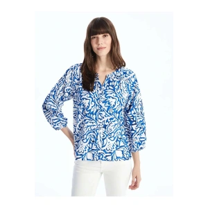 LCWAIKIKI Classic Mavi Kaçık Yaka Desenli Oversize Kadın Bluz