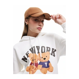 Ayı Baskılı Şardonlu Kapüşonlu Oversize Sweatshirt