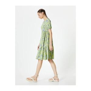 Balon Kol Çiçekli Elbise Midi Boy Rahat Kalıp Bisiklet Yaka Dokulu Bürümcük