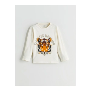 Bej Bisiklet Yaka Kaplan Baskılı Erkek Çocuk Tişört