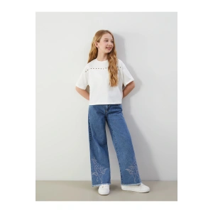 Beli Ayarlanabilir Lastikli Çiçekli Kız Çocuk Jean Pantolon