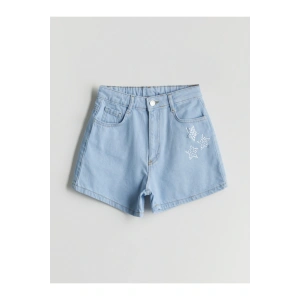 Beli Lastikli Taşlı Kız Çocuk Jean Şort