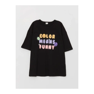 Bisiklet Yaka Baskılı Kısa Kollu Kız Çocuk Tişört