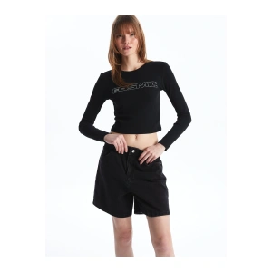 Bisiklet Yaka Baskılı Uzun Kollu Kadın Crop