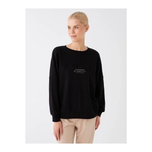 Bisiklet Yaka Baskılı Uzun Kollu Oversize Kadın Sweatshirt