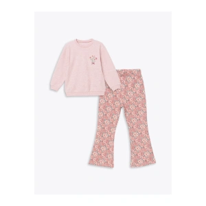 Bisiklet Yaka Çiçekli Kız Çocuk Sweatshirt ve Tayt 2li