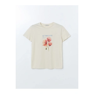 Bisiklet Yaka Çiçekli Penye Kadın Tişört