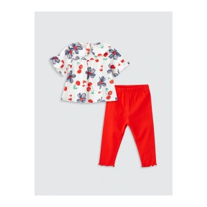 Bisiklet Yaka Kısa Kollu Baskılı Kız Bebek Bluz ve Tayt 2li Takım
