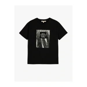 Bisiklet Yaka Kısa Kollu Metalik Baskılı Tişört