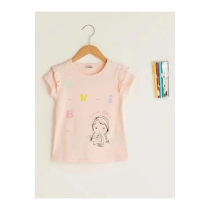 Bisiklet Yaka Kısa Kollu Pamuklu Kız Bebek Tişört ve Boya Kalemi