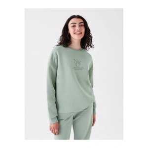 Bisiklet Yaka Nakışlı Uzun Kollu Oversize Kadın Sweatshirt