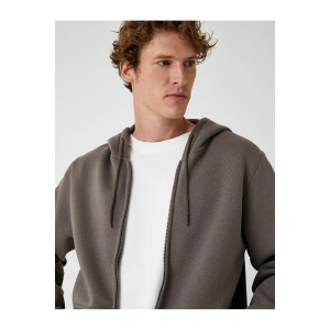 Cep Detaylı Şardonlu Fermuarlı Pamuklu Basic Kapşonlu Sweatshirt