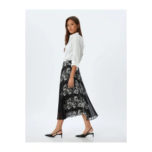 Çiçekli Pileli Etek Midi Boy Standart Bel Astarlı