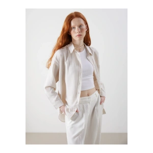 Çizgili Oversize Keten Karışımlı Kadın Gömlek