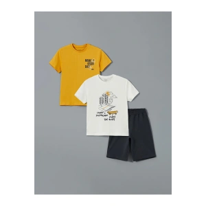 Ekru Bisiklet Yaka Baskılı Erkek Çocuk Takım 3lü