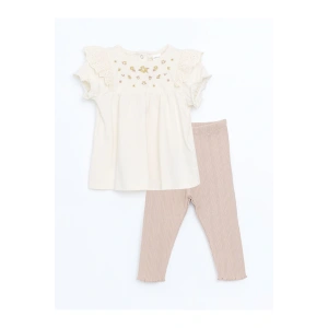 Ekru Bisiklet Yaka Nakışlı Kız Bebek Bluz Ve Tayt 2li