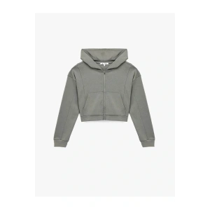 Fermuarlı Kapüşonlu Crop Gri Kadın Sweatshirt 6WAL10483IK