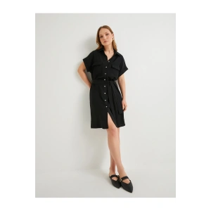 Gömlek Elbise Beli Kuşaklı Düğmeli Cepli