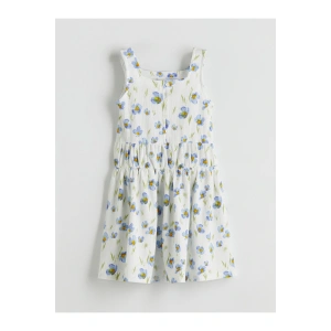 Kare Yaka Çiçekli Kız Çocuk Elbise