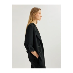 Katlama Detaylı Krep Kumaş 3/4 Kol Kruvaze Uzun Oversize Blazer Ceket
