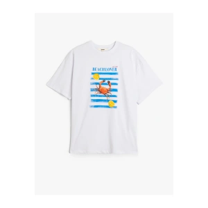 Kısa Kollu Bisiklet Yaka Pamuklu Yengeç ve Limon Baskılı Oversize Kadın Tişört