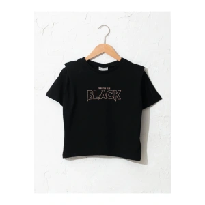 Kız Çocuk Siyah Bisiklet Yaka Baskılı T-shirt