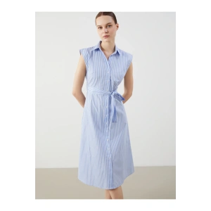 Kuşaklı Çizgili Gömlek Elbise