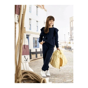 Lacivert Beli Lastikli Nakışlı Kız Çocuk Jogger Eşofman Altı